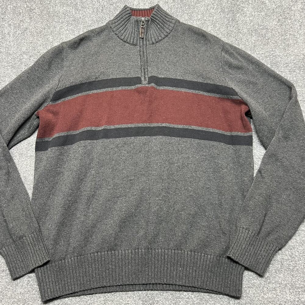 Eddie Bauer Sweater Mens Large Gray 1/4 Zip Mock Neck Cotton Pullover Striped